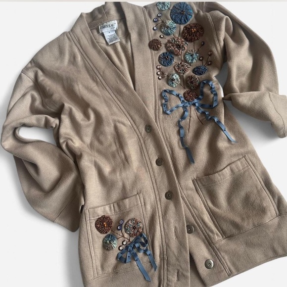Vintage Jackets & Blazers - Vintage CARREAU Sport 3D Floral Sweatshirt Cardigan Jacket Bows Cottage Sz M